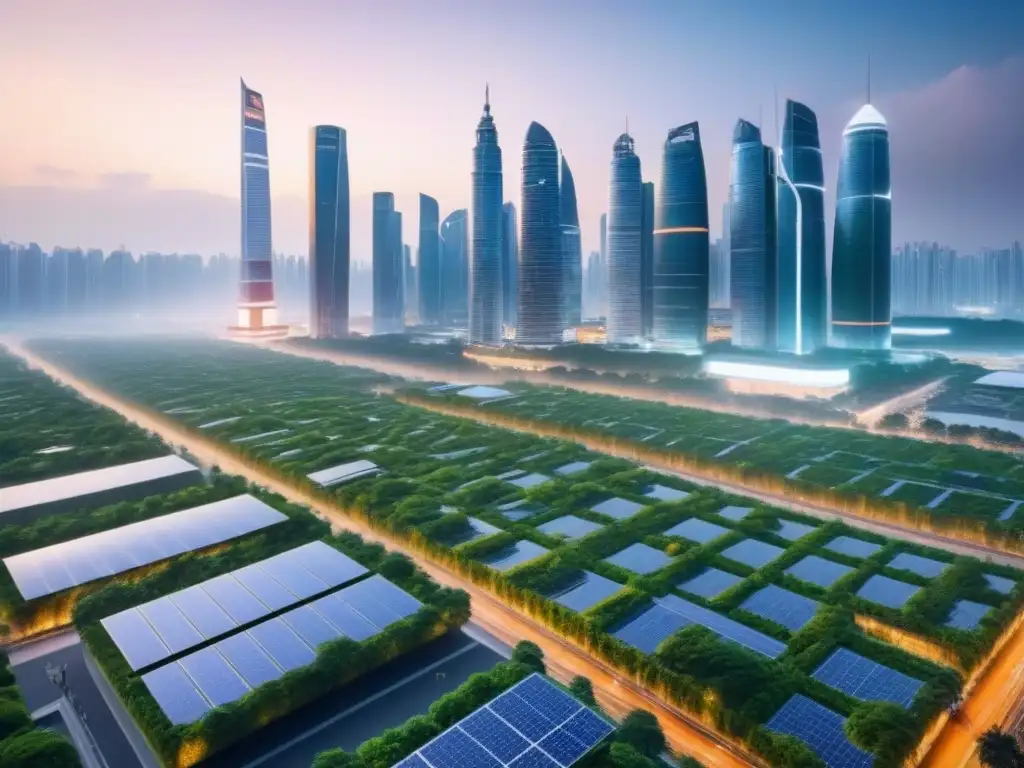 Futurista smart city en Asia: Skyline 8k ultra detallado Vibrante paisaje urbano futurista en Asia, con rascacielos verdes y vehículos autónomos, ideal para la inversión inmobiliaria en ciudades inteligentes