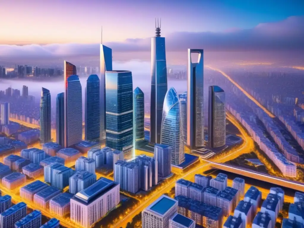 Metrópolis futurista: innovación inmobiliaria y tecnológica Un vibrante paisaje urbano futurista con rascacielos y pantallas digitales avanzadas, reflejando la innovación en Invertir en PropTech internacional