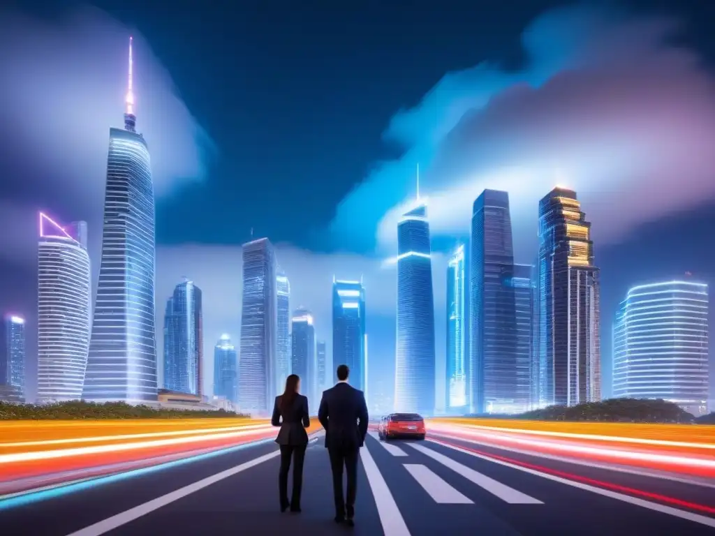 Vibrante escena nocturna de megafusiones inmobiliarias Un vibrante paisaje urbano futurista de noche, con rascacielos iluminados y profesionales discutiendo, transmitiendo energía y oportunidad