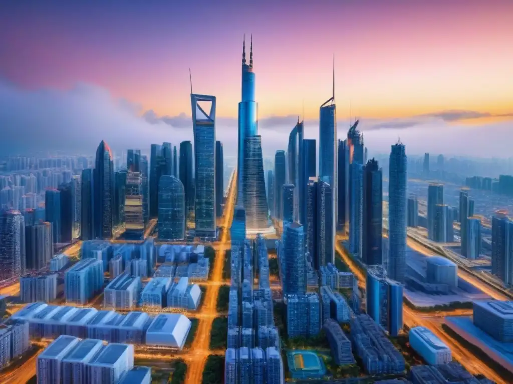 Metrópolis futurista en mercado emergente: 8k detallado Un vibrante paisaje urbano futurista en un mercado emergente, con rascacielos, gente diversa y sistemas de transporte avanzados