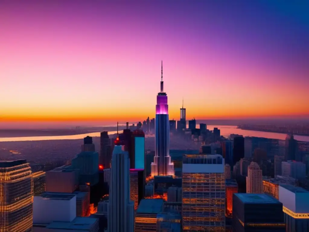 Horizonte futurista al atardecer: rascacielos modernos y diversidad urbana Un vibrante paisaje urbano futurista al anochecer con rascacielos modernos, iluminados por luces cálidas y frías