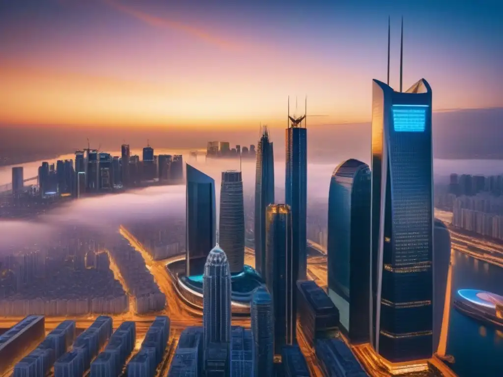 Metrópolis futurista: fusión arquitectónica global al atardecer Un vibrante paisaje urbano futurista, reflejo del impacto geopolítico en la inversión inmobiliaria global