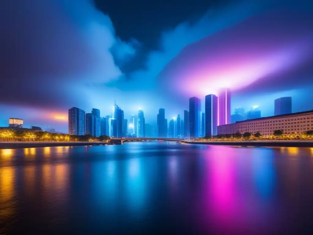 Metrópolis futurista: luces neón en río tranquilo Vibrante paisaje urbano futurista de noche con rascacielos iluminados por luces de neón, reflejándose en un río tranquilo
