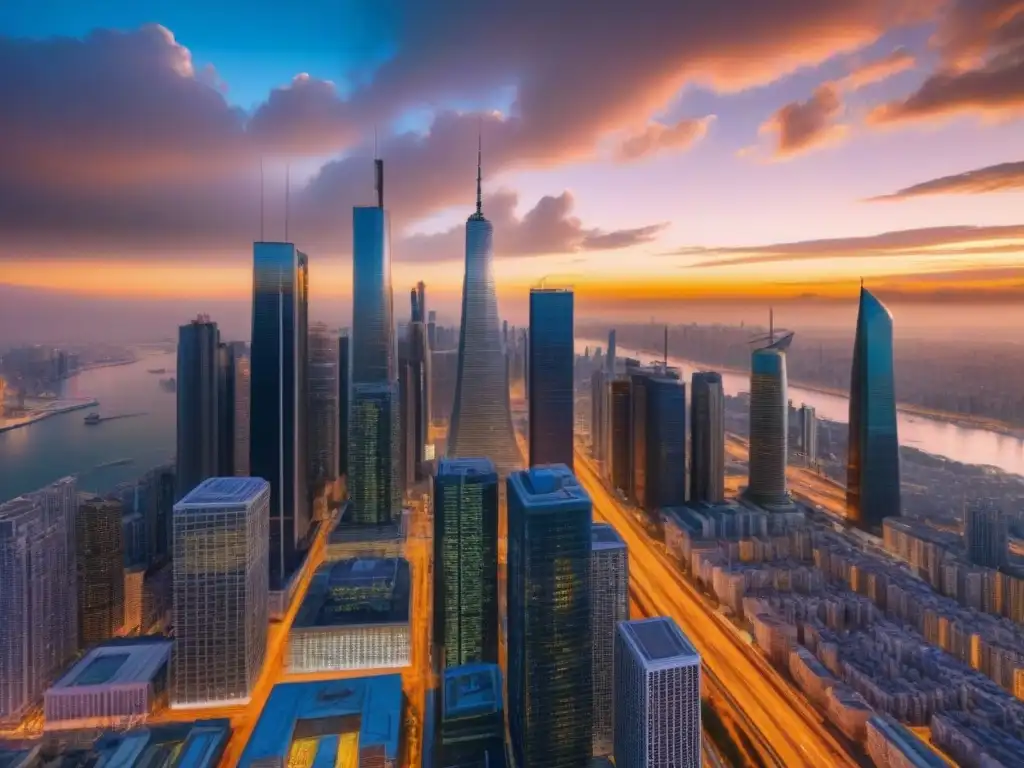 Metrópolis futurista con inversión inmobiliaria global Un vibrante paisaje urbano futurista reflejando la inversión inmobiliaria en mercado internacional