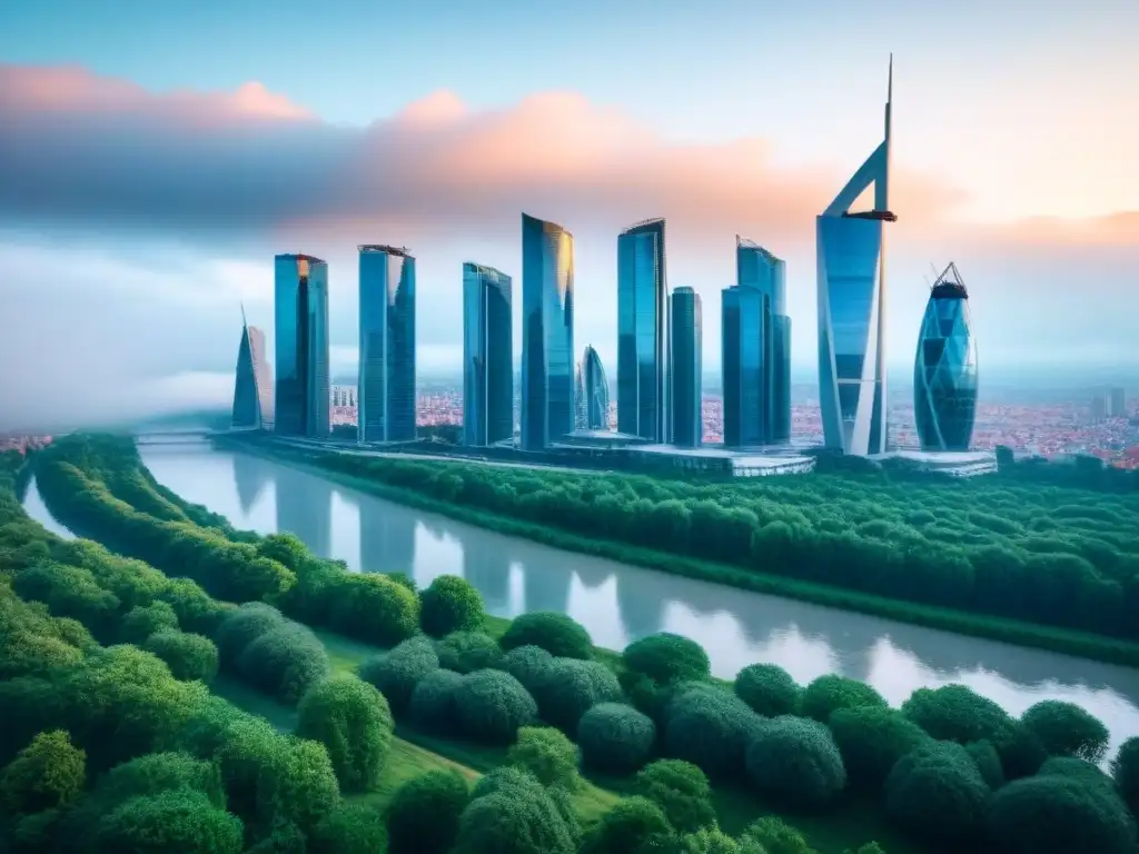 Horizonte moderno en Europa del Este: inversión inmobiliaria dinámica Vibrante paisaje urbano en Europa del Este, reflejando inversión inmobiliaria y modernidad, rodeado de naturaleza y río