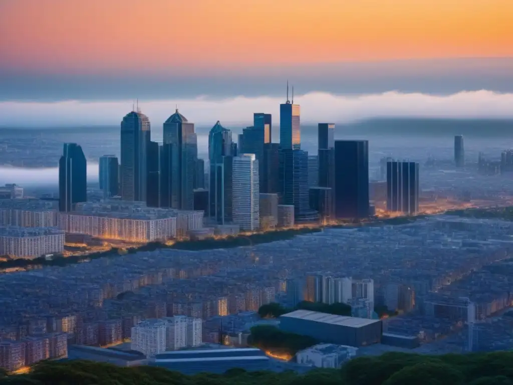 Metrópolis al atardecer: paisaje urbano diverso y vibrante Un vibrante paisaje urbano al anochecer, reflejando la inversión de inversores globales en el mercado de vivienda asequible
