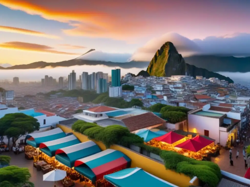 Horizonte urbano latinoamericano: inversión inmobiliaria de ensueño Un vibrante paisaje urbano en América Latina con rascacielos al atardecer, mercados callejeros y arquitectura tradicional y moderna