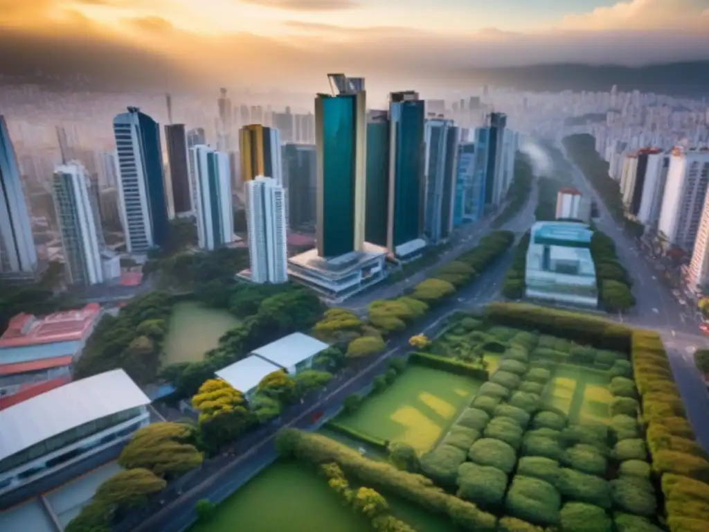 Cityscape moderno en Latinoamérica: crecimiento y energía Un vibrante paisaje urbano latinoamericano con modernos rascacielos reflejando la luz dorada del atardecer