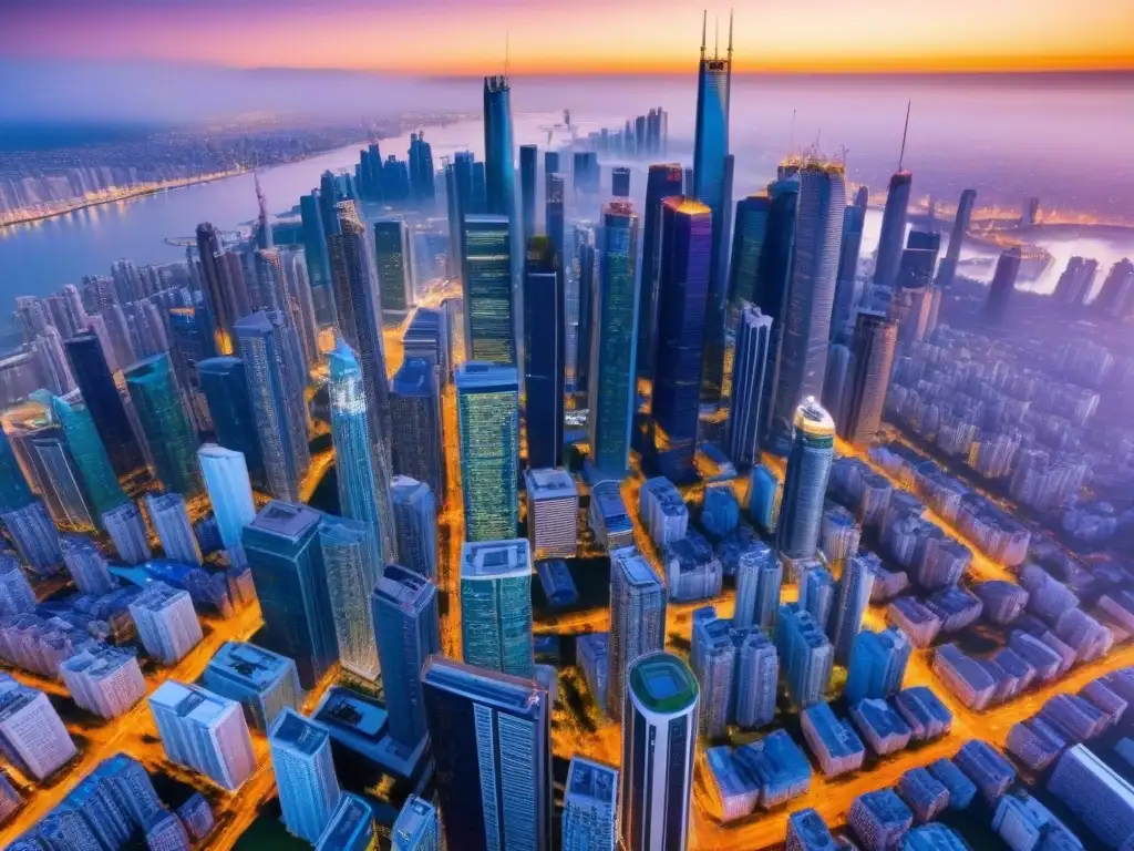 Real Estate Global: Inversiones internacionales rentables Un vibrante paisaje urbano lleno de rascacielos y propiedades internacionales, ideal para inversiones inmobiliarias internacionales rentables