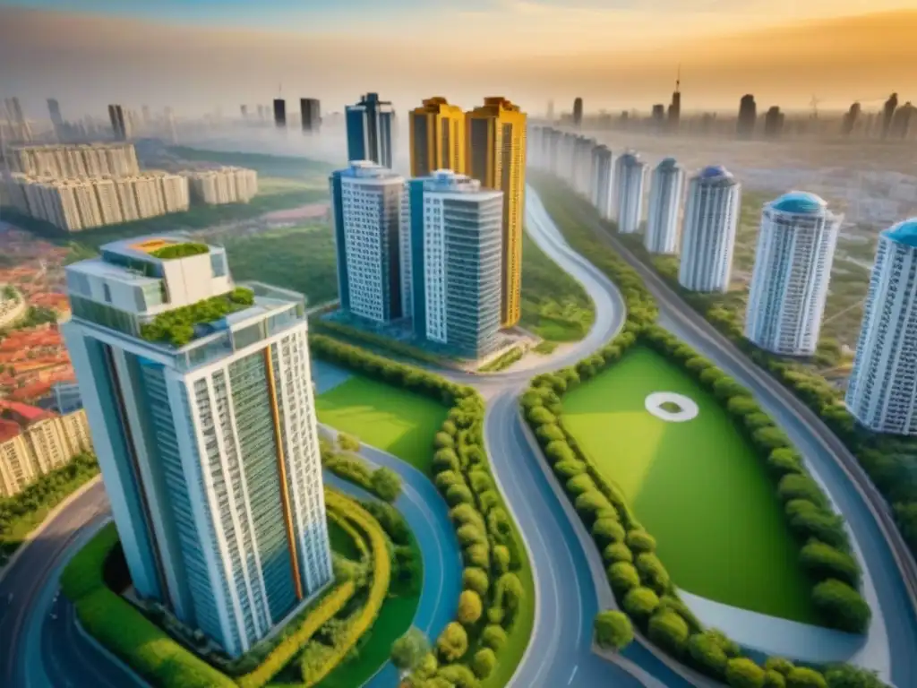 Metrópolis en crecimiento: luces y sombras de oportunidad Un vibrante paisaje urbano en un mercado emergente, con rascacielos modernos y edificios tradicionales rodeados de vegetación, reflejando oportunidades en nichos inmobiliarios en mercados emergentes