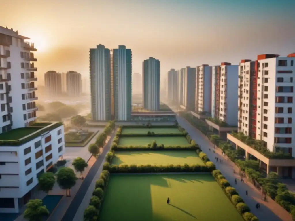 Vida urbana vibrante en mercado emergente: escena detallada en 8k Un vibrante paisaje urbano en un mercado emergente, con impacto en políticas de vivienda