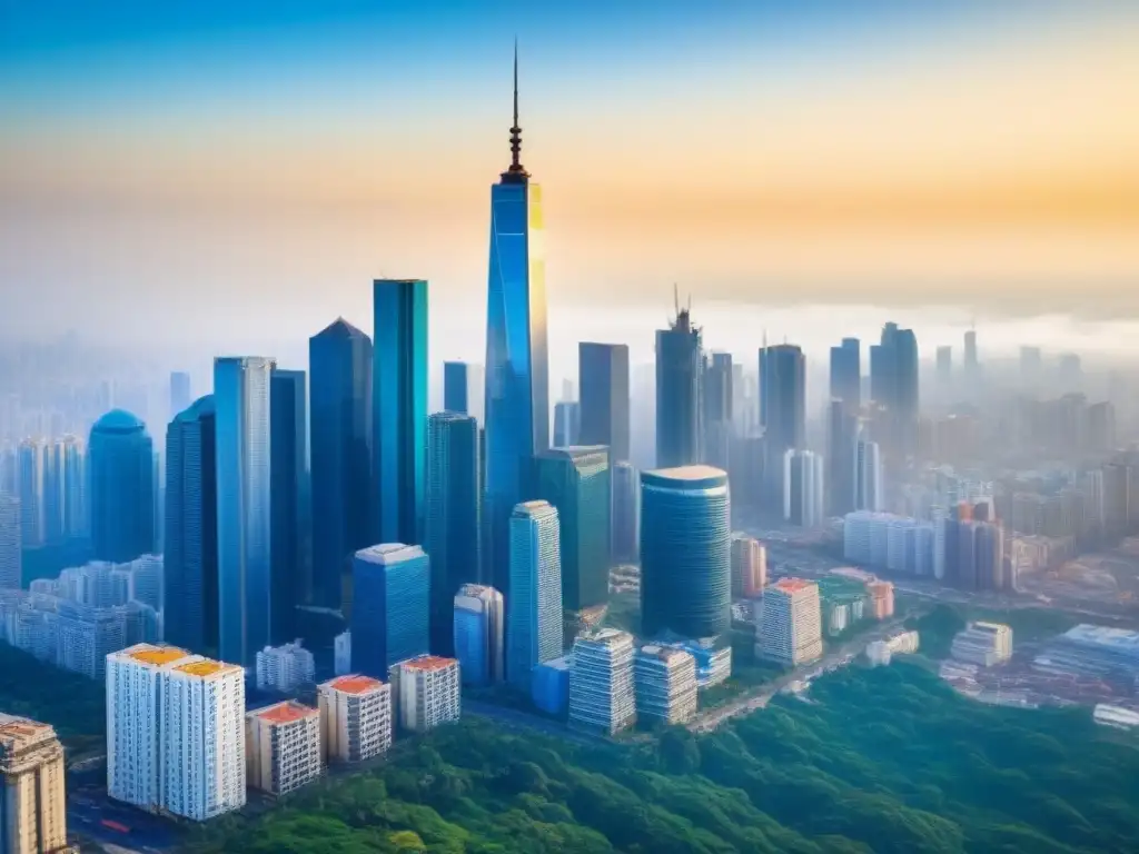 Horizonte urbano vibrante en mercado emergente Un vibrante paisaje urbano en un mercado emergente, con rascacielos modernos y edificios tradicionales bajo un cielo azul
