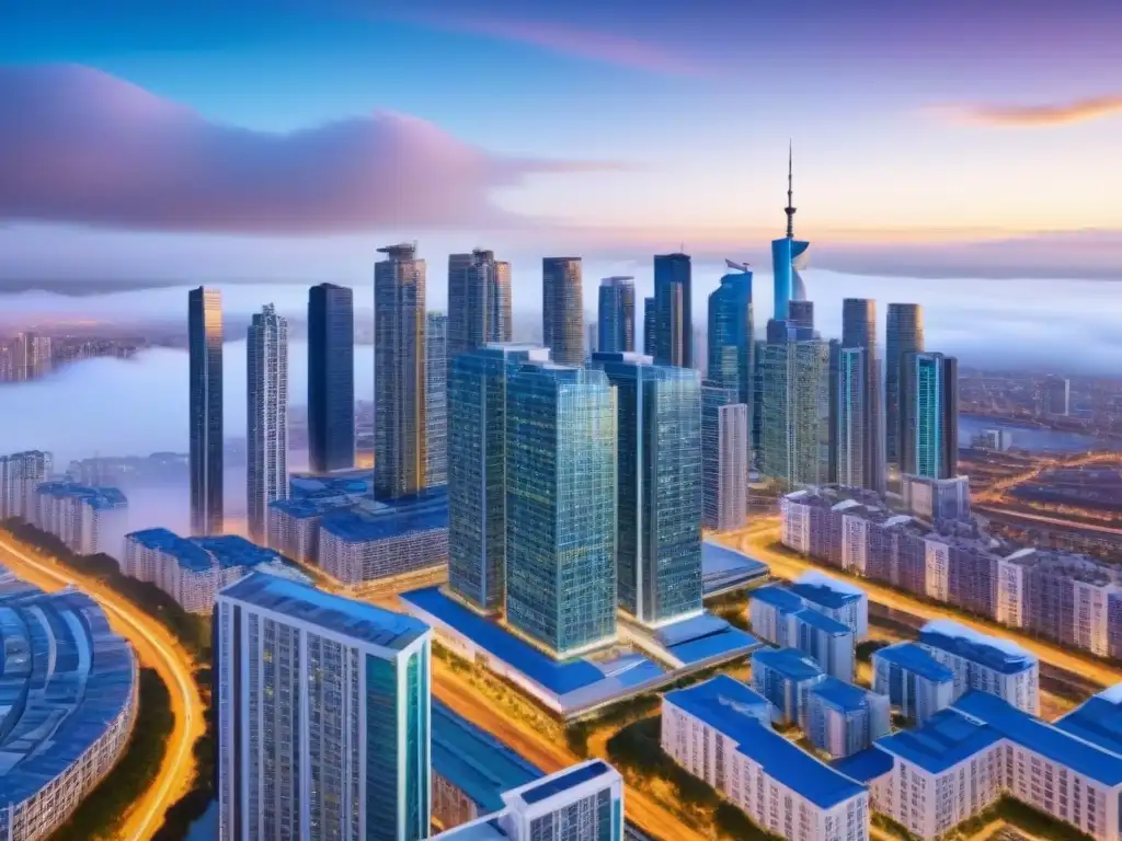 Skyline dinámico de ciudad emergente: estrategias de inversión inteligente Un vibrante paisaje urbano en mercados emergentes, con arquitectura moderna y profesionales planificando estrategias de inversión