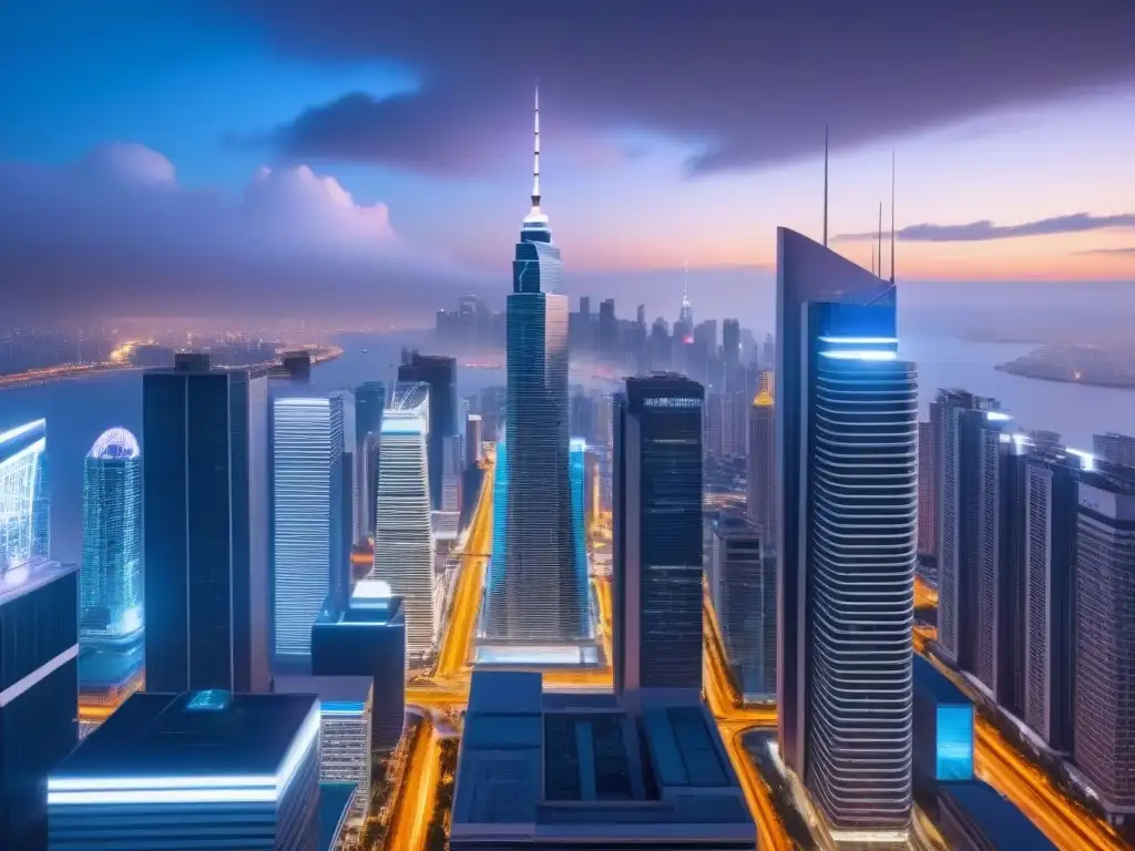 Metrópolis futurista: luces neón y oportunidades inmobiliarias Un vibrante paisaje urbano en mercados inmobiliarios emergentes prometedores, con rascacielos futuristas iluminados por luces de neón