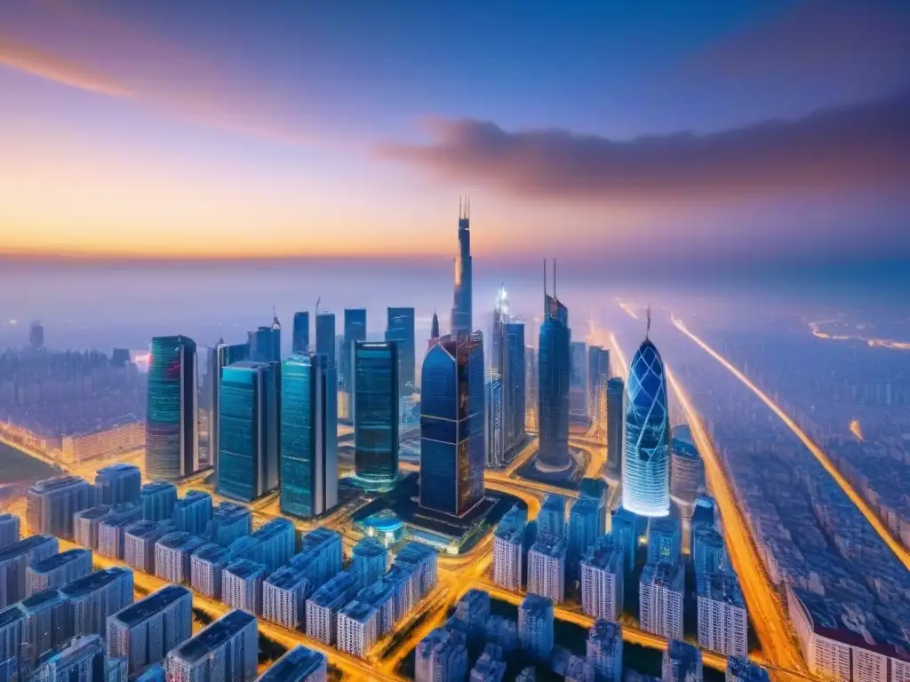 Horizonte urbano emergente: ciudad moderna en crecimiento Vibrante paisaje urbano al anochecer en mercados inmobiliarios emergentes inversión global