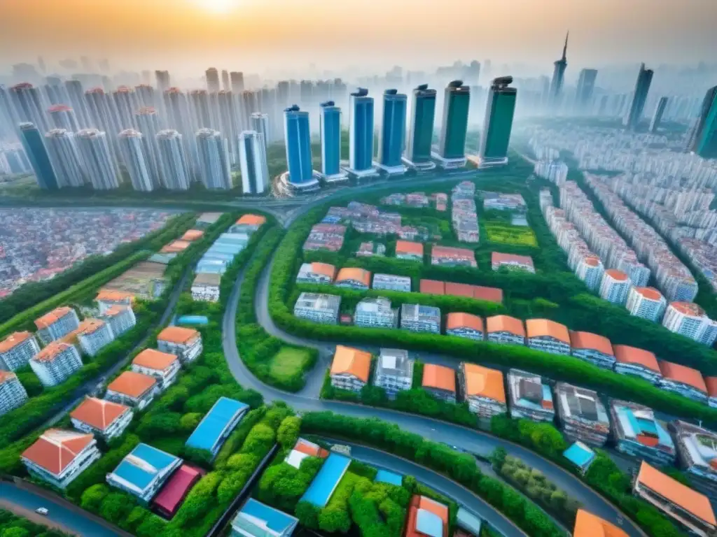 Vibrante paisaje urbano en Asia: micromercados y rascacielos Vibrante paisaje urbano en Asia con mercados y rascacielos, reflejo de la inversión inmobiliaria internacional en Asia