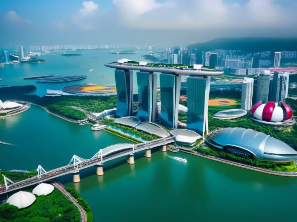 Vista aérea detallada de Singapur: ¡Marina Bay Sands y modernidad urbana! Un vibrante paisaje urbano de Singapur con el icónico Marina Bay Sands, reflejando los mercados inmobiliarios emergentes en el Sudeste Asiático
