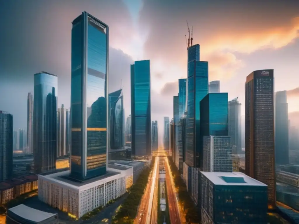 Contraste urbano: migración vs Un vibrante paisaje urbano en 8k muestra la migración interna y la inversión inmobiliaria global
