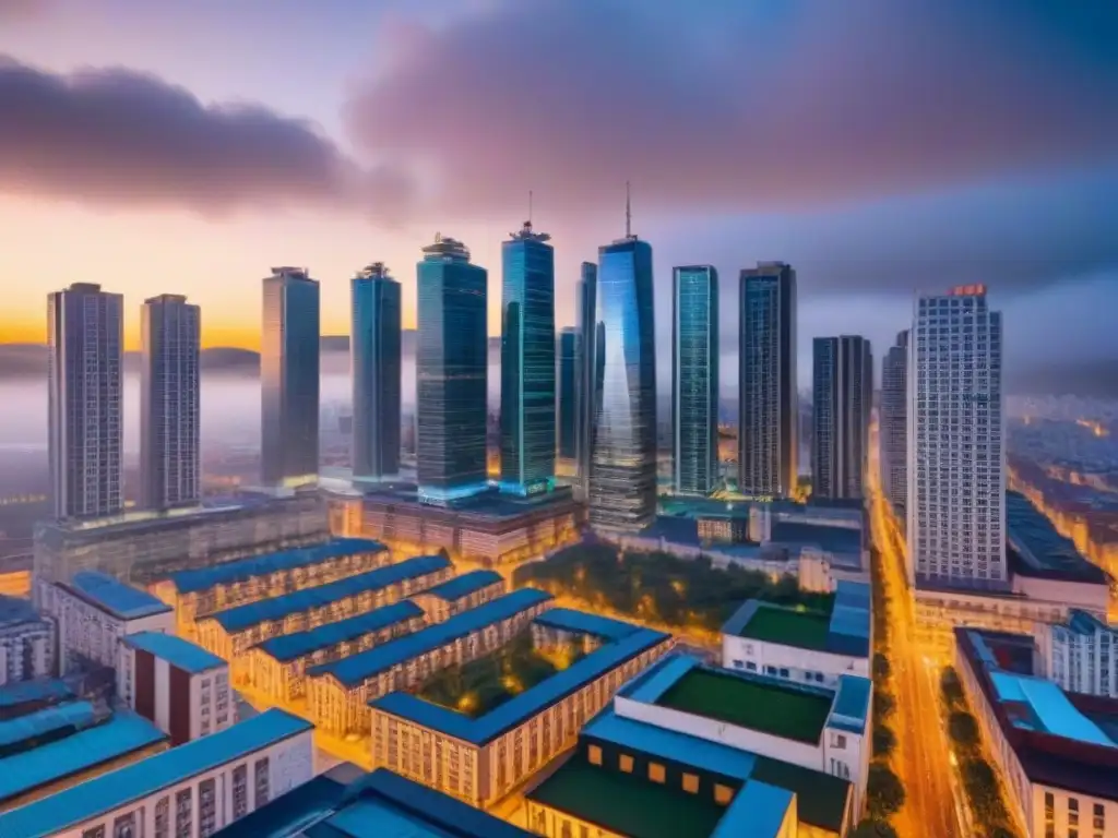 Vibrante ciudad al atardecer: diversidad, movimiento y desafíos Un vibrante paisaje urbano al anochecer, reflejando la migración interna y la vivienda asequible en una ciudad en evolución