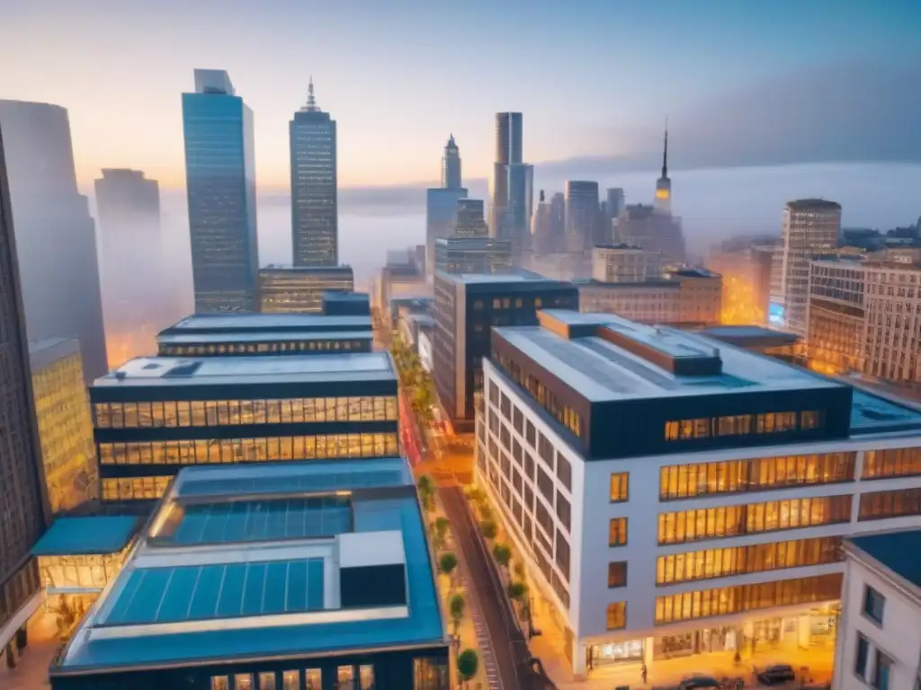 Vibrante coworking en ciudad moderna Un vibrante paisaje urbano con un moderno coworking integrado entre oficinas tradicionales