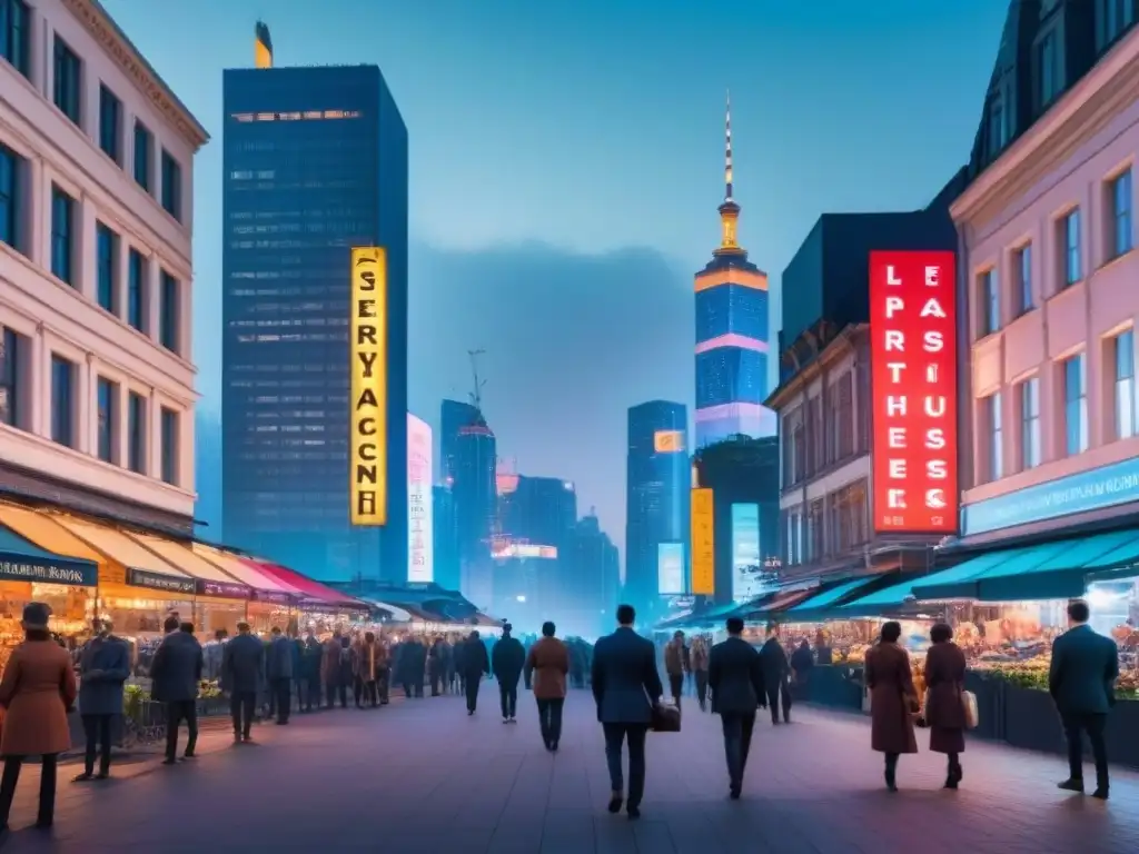 Escena urbana sofisticada: luces y diversidad en la ciudad moderna Un vibrante paisaje urbano moderno al anochecer, con rascacielos iluminados y una animada escena callejera