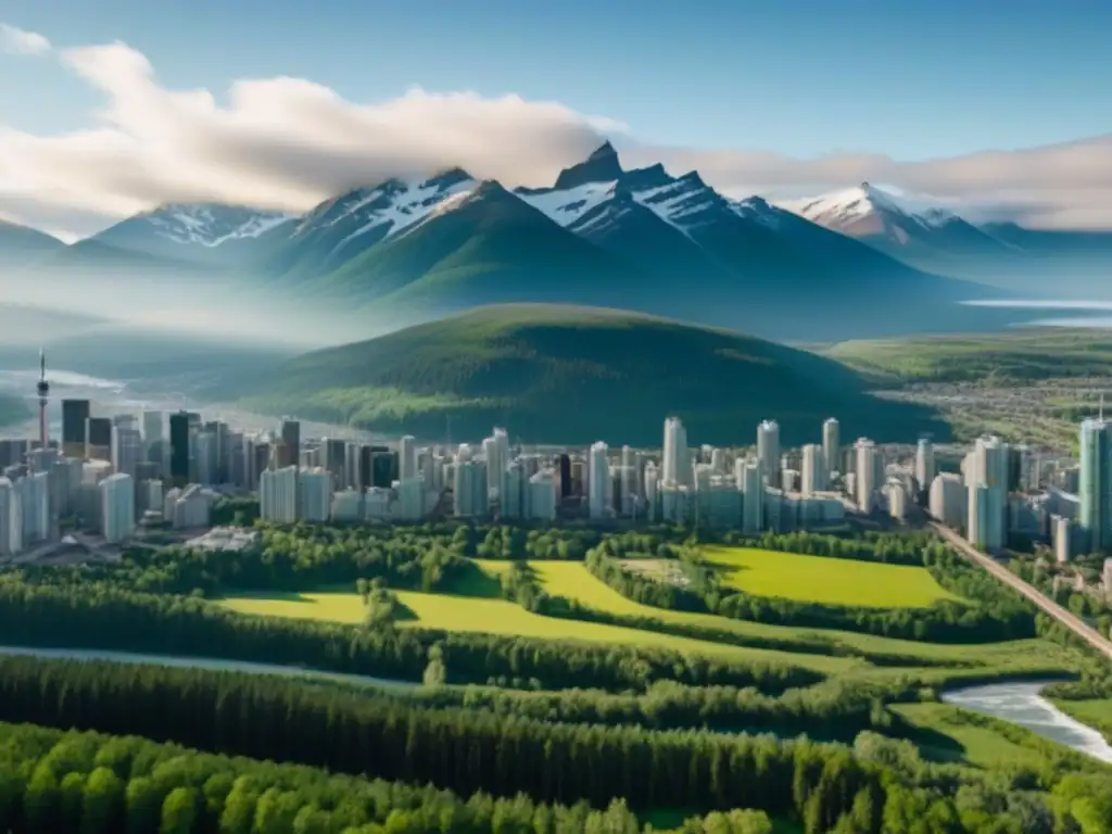 Vista aérea detallada de ciudad moderna en Canadá Un vibrante paisaje urbano en Canadá con modernos rascacielos y naturaleza, destacando Blockchain en mercado inmobiliario internacional