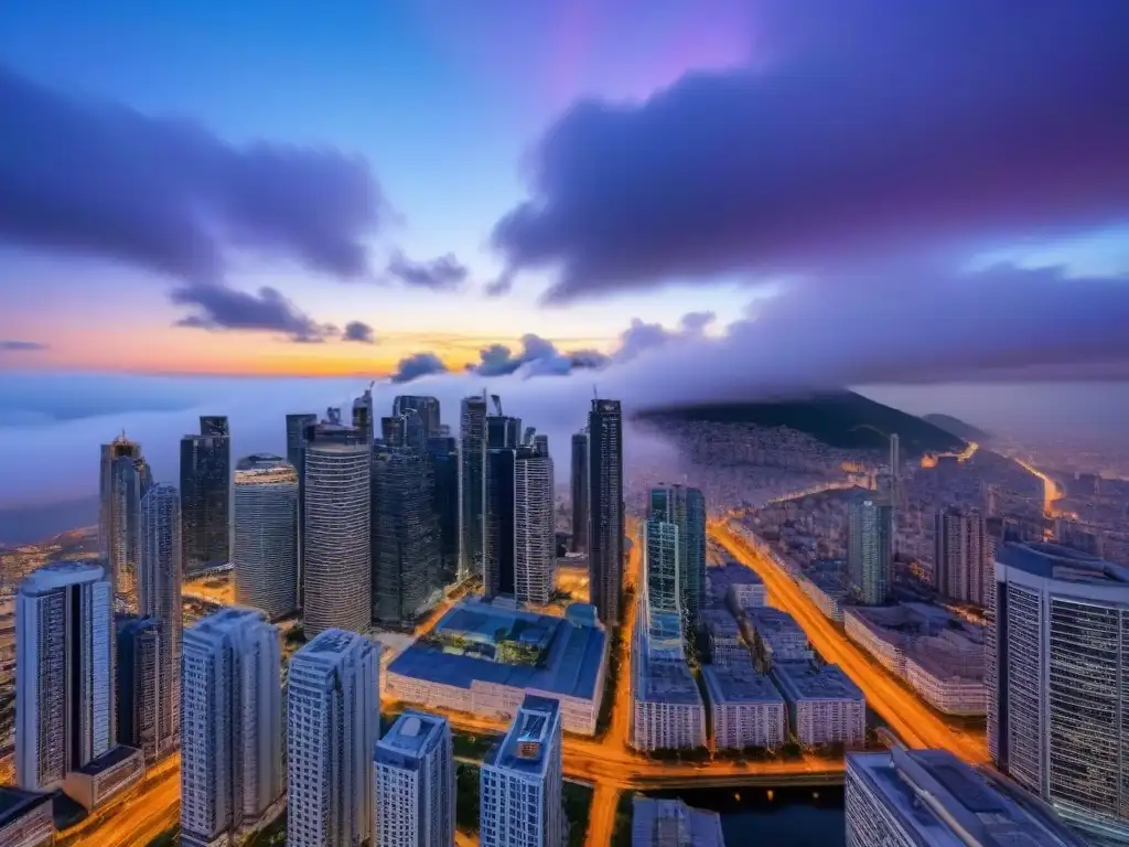 Espectacular vista aérea de la ciudad al atardecer Vibrante paisaje urbano al anochecer con modernos rascacielos iluminados, ideal para inversionista propiedades alquiler errores