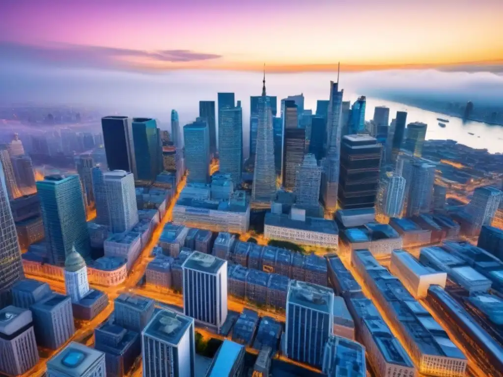 Coworking en ciudad moderna con ubicación estratégica Un vibrante paisaje urbano con múltiples espacios de coworking resaltados en colores, rodeados de distritos comerciales, cafés y transporte público