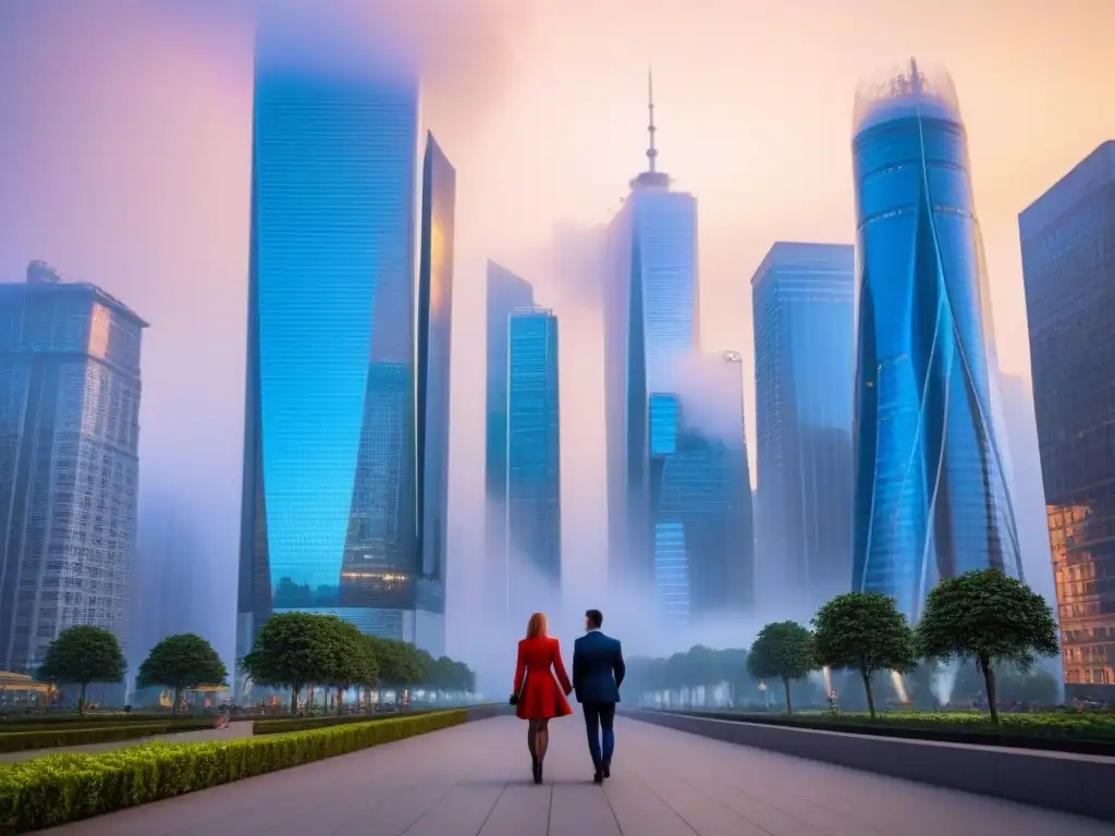 Colaboración internacional en la ciudad del futuro: inversión segura Un vibrante paisaje urbano en la noche con rascacielos futuristas iluminados