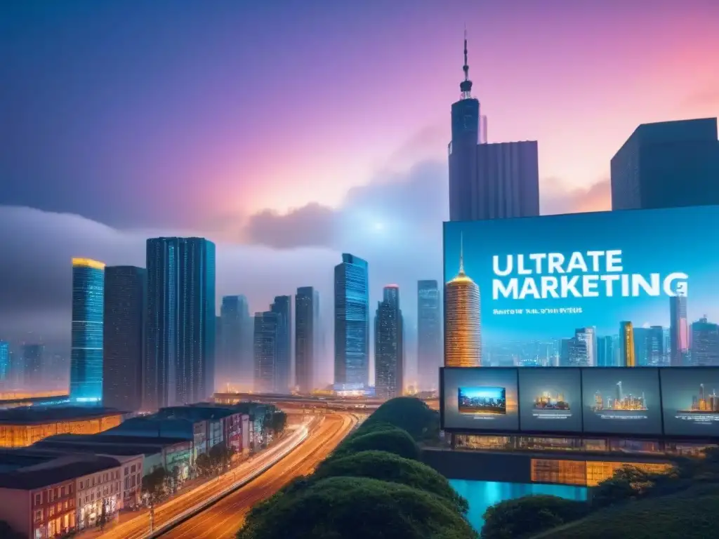 Skyline nocturno digital: conectividad y tecnología inmobiliaria Un vibrante paisaje urbano nocturno con rascacielos iluminados y anuncios inmobiliarios digitales, personas en redes sociales
