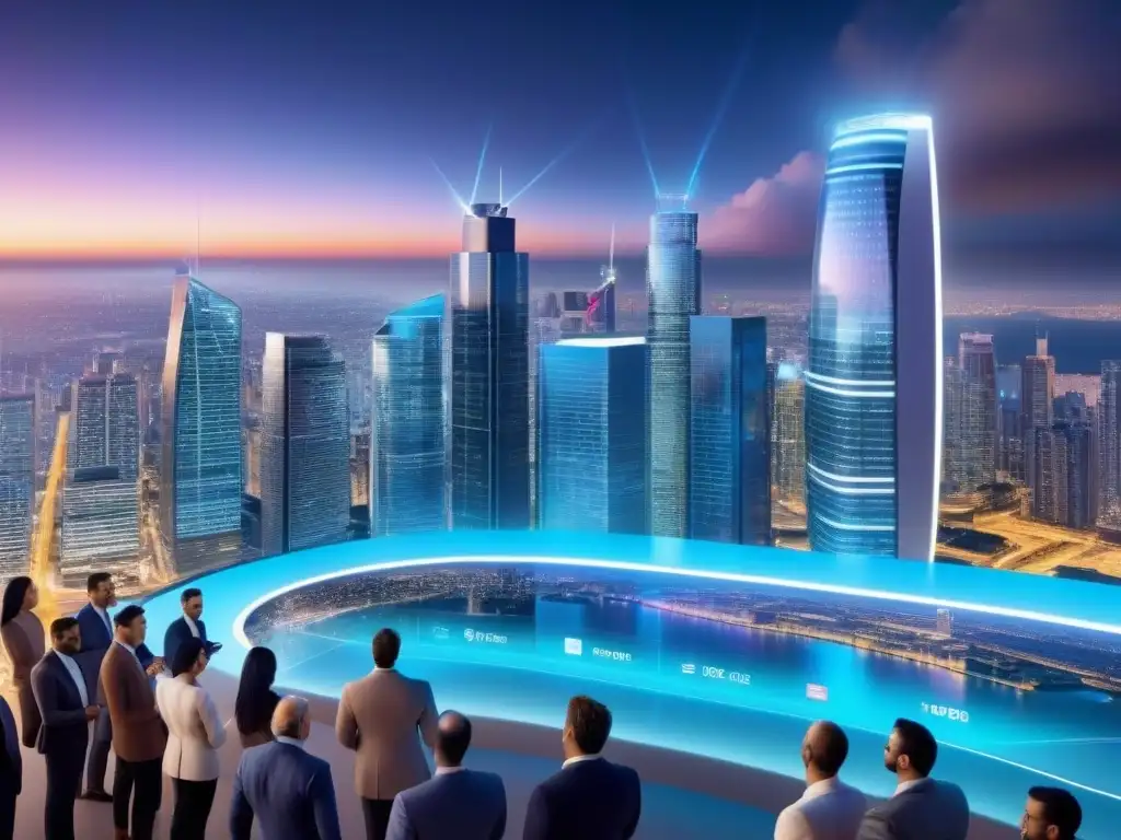 Metrópolis nocturna: Futuro digital en bienes raíces Un vibrante paisaje urbano nocturno con rascacielos iluminados y profesionales debatiendo, en un entorno tecnológico inmobiliario internacional