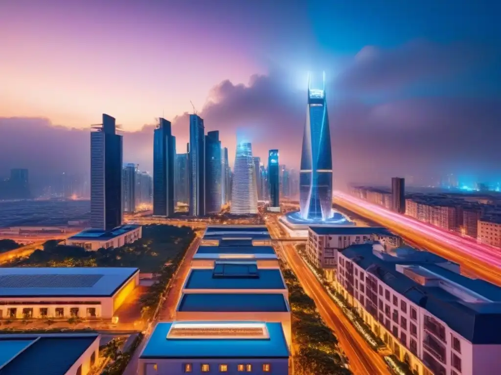 Skyline futurista: hotel urbano en auge Un vibrante paisaje urbano nocturno con rascacielos iluminados y calles llenas de vida