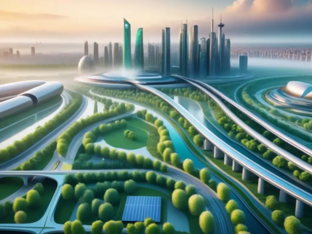 Metrópolis futurista postindustrial: 8k de innovación y sostenibilidad Un vibrante paisaje urbano postindustrial con arquitectura innovadora y tecnología sostenible en el mercado inmobiliario internacional postindustrial