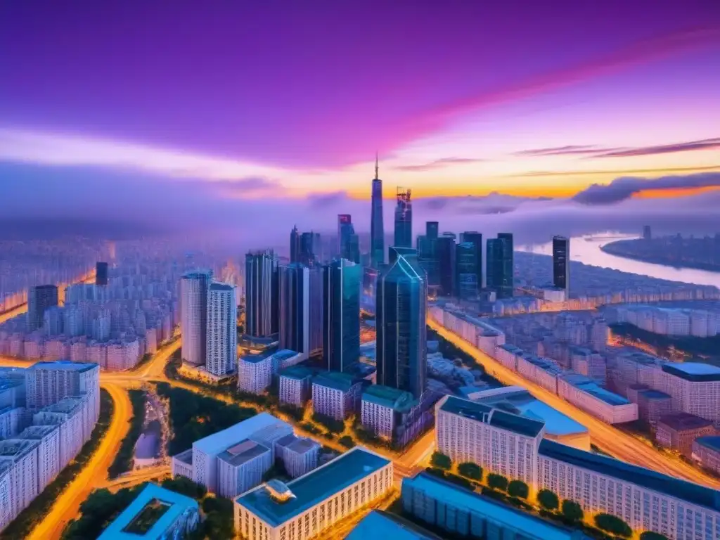Metrópolis luminosa al atardecer: prosperidad en altura Un vibrante paisaje urbano al anochecer, reflejando la prosperidad de la ciudad
