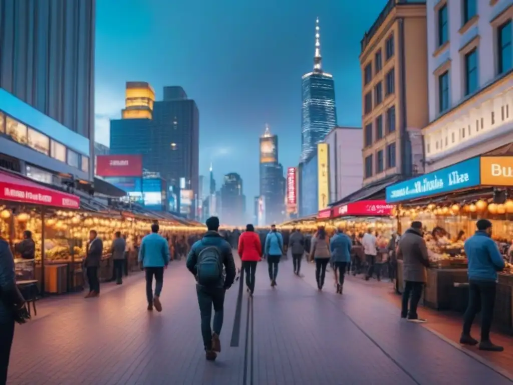 Horizonte urbano al atardecer: ciudad moderna y vibrante Un vibrante paisaje urbano al anochecer con rascacielos iluminados y gente de diversas culturas disfrutando de la ciudad