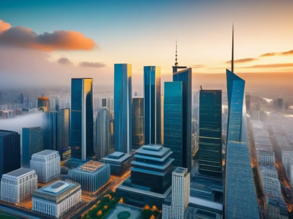 Contraste arquitectónico en metrópolis: oportunidades globales de inversión Un vibrante paisaje urbano con rascacielos modernos y edificios históricos, reflejando la dualidad entre lo tradicional y lo contemporáneo
