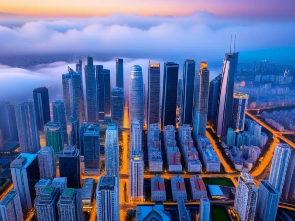 Metrópolis vibrante: innovación arquitectónica y desarrollo urbano Vibrante paisaje urbano con rascacielos modernos y edificios residenciales, representa crecimiento y oportunidades en el mercado inmobiliario internacional