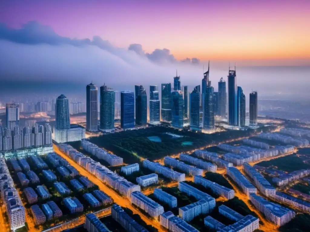 Metrópolis vibrante: rascacielos y lujo en el mercado inmobiliario global Un vibrante paisaje urbano con rascacielos, edificios modernos y lujosos apartamentos