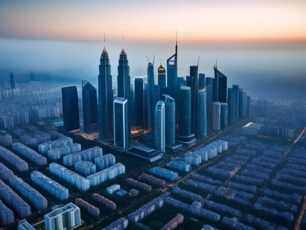 Metrópolis moderna: dinamismo del mercado inmobiliario global Un vibrante paisaje urbano con rascacielos y edificios residenciales en el mercado inmobiliario global, reflejando dinámicas familiares