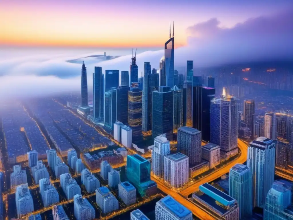 Metrópolis vibrante: epicentro global de inversiones inmobiliarias Un vibrante paisaje urbano con rascacielos y arquitectura moderna, simbolizando oportunidades de inversión inmobiliaria global