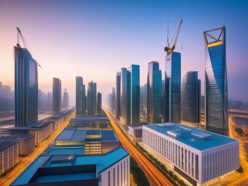 Metrópolis nocturna: luces y modernidad en la era del M&A inmobiliario Un vibrante paisaje urbano al anochecer, con rascacielos modernos y brillantes luces de la ciudad