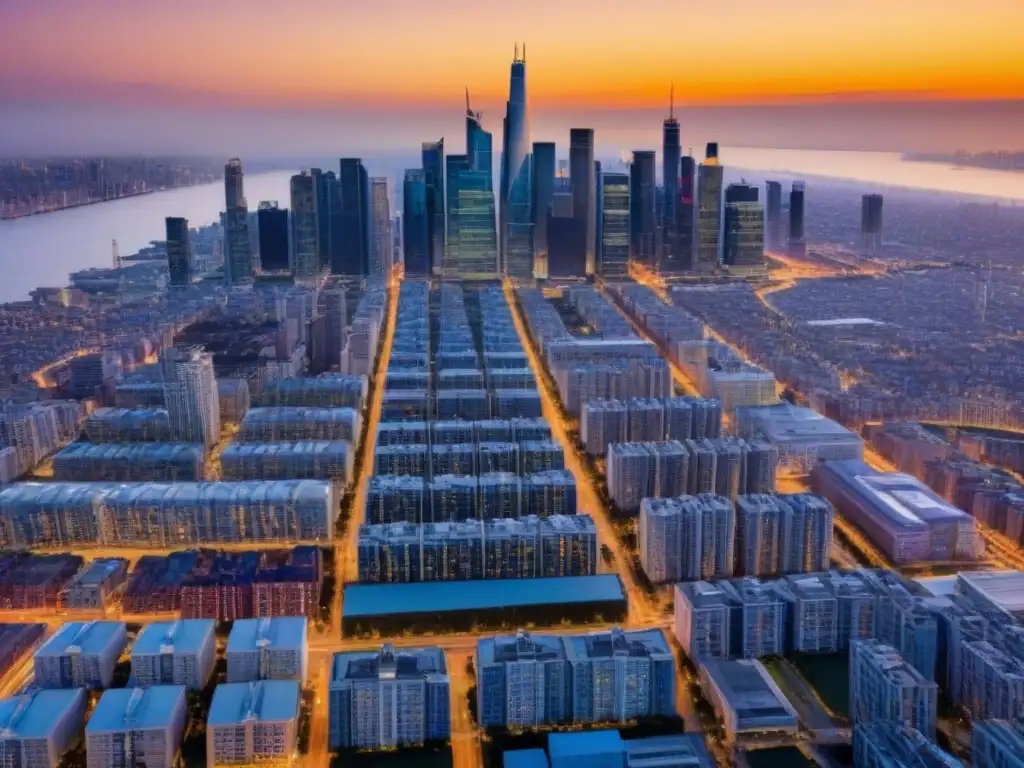 Metrópolis en crecimiento: panorama urbano moderno al atardecer Un vibrante paisaje urbano con rascacielos modernos iluminados por el sol poniente, representando fusiones en mercados inmobiliarios locales