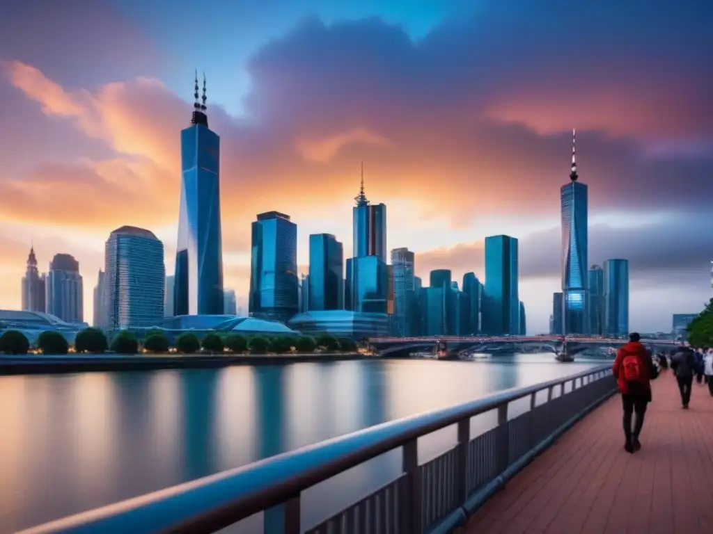 Horizonte urbano: fusión de tradición e innovación inmobiliaria Un vibrante paisaje urbano al anochecer con rascacielos modernos iluminados y edificios históricos, reflejados en un río tranquilo
