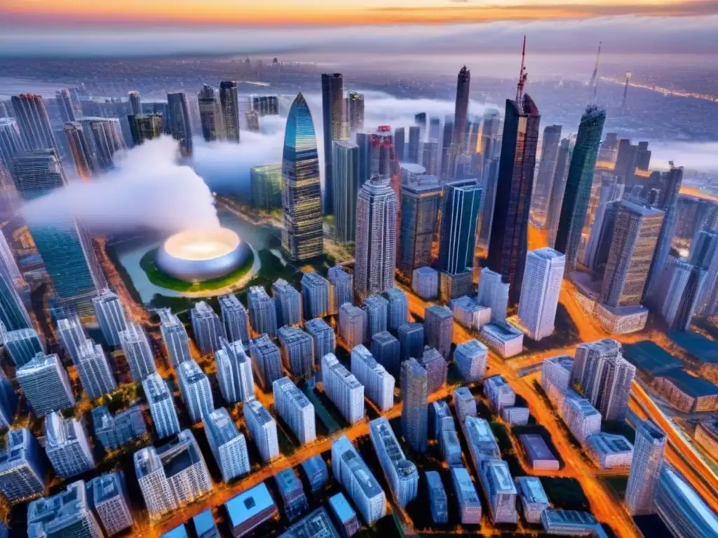 Horizonte urbano deslumbrante: real estate postmerger Un vibrante paisaje urbano postfusión con rascacielos modernos y arquitectura futurista, reflejando un análisis mercado inmobiliario postfusión