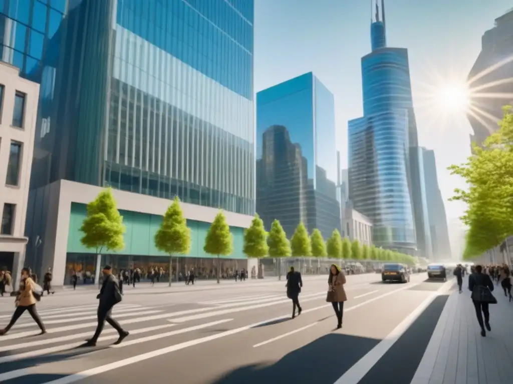 Vibrante ciudad multicultural: inversión inmobiliaria en zonas dinámicas Un vibrante paisaje urbano con rascacielos modernos y personas diversas, ideal para inversiones inmobiliarias en zonas migratorias