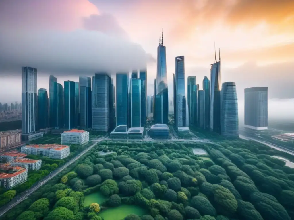 Metrópolis posfusion: convergencia urbana y natural Un vibrante paisaje urbano fusiona rascacielos con parques, simbolizando el mercado inmobiliario internacional postfusión