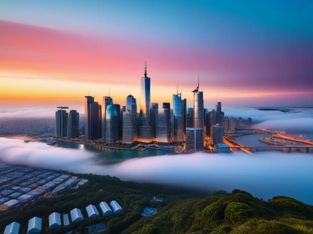 Horizonte urbano moderno: inversión inmobiliaria global al atardecer Un vibrante paisaje urbano con rascacielos modernos reflejando tonos dorados al atardecer, simbolizando la inversión inmobiliaria global en medio de fluctuaciones cambiarias