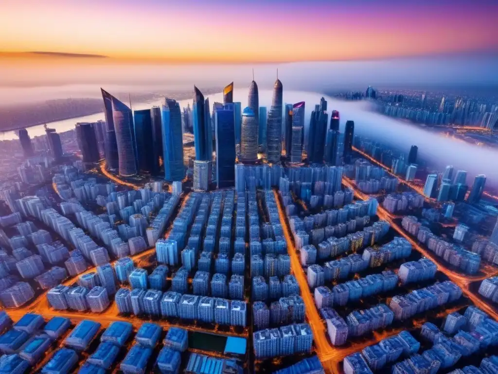 Horizonte urbano de ciudad moderna al atardecer Un vibrante paisaje urbano con rascacielos modernos y edificios de lujo, reflejando el marketing inmobiliario internacional personalizado
