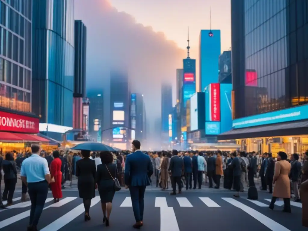 Horizonte urbano al atardecer: diversidad y modernidad en la ciudad Un vibrante paisaje urbano al anochecer con rascacielos iluminados y una concurrida calle que refleja la diversidad de la población