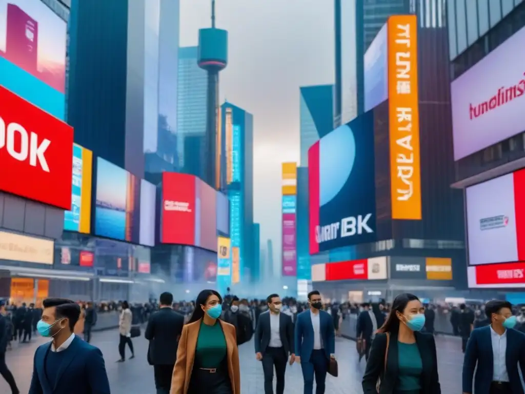 Metrópolis futurista: impacto del COVID en bienes raíces Un vibrante paisaje urbano con rascacielos futuristas, personas usando mascarillas y pantallas digitales